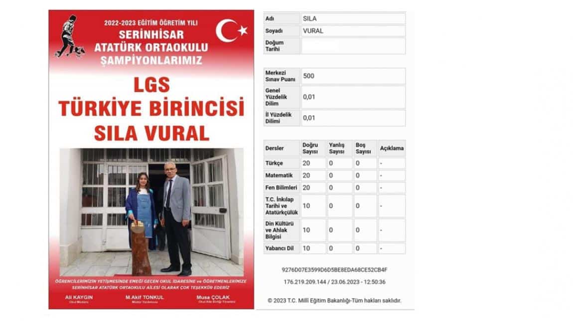 Sıla VURAL LGS Türkiye Birincisi Oldu.